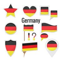Various Germany flags set on pole, table flag, mark, star badge and different shapes badges. Patriotic Germanian sticker vector