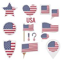 Various USA flags set on pole, table flag, mark, star badge and different shapes badges. Patriotic american us sticker vector