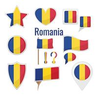 Various Romania flags set on pole, table flag, mark, star badge and different shapes badges. Patriotic romanian sticker vector