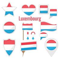 Various Luxembourg flags set on pole, table flag, mark, star badge and different shapes badges. Patriotic luxembourgian sticker vector