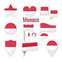 Various Monaco flags set on pole, table flag, mark, star badge and different shapes badges. Patriotic monacian monegasque sticker vector