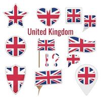 Various UK United Kingdom flags set on pole, table flag, mark, star badge and different shapes badges. Patriotic Great Britain sticker vector