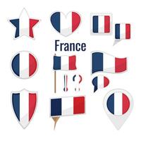 Various France flags set on pole, table flag, mark, star badge and different shapes badges. Patriotic Franconian sticker vector