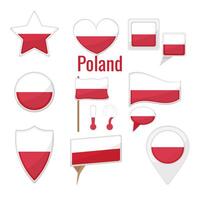 Various Poland flags set on pole, table flag, mark, star badge and different shapes badges. Patriotic polish sticker vector