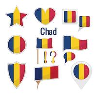 Various Chad flags set on pole, table flag, mark, star badge and different shapes badges. Patriotic chadian sticker vector