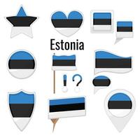 Various Estonia flags set on pole, table flag, mark, star badge and different shapes badges. Patriotic estonian sticker vector