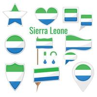 Various Sierra Leone flags set on pole, table flag, mark, star badge and different shapes badges. Patriotic Sierra Leonean sticker vector