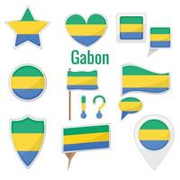 Various Gabon flags set on pole, table flag, mark, star badge and different shapes badges. Patriotic gabonian sticker vector