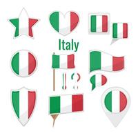 Various Italy flags set on pole, table flag, mark, star badge and different shapes badges. Patriotic italian sticker vector