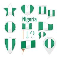 Various Nigeria flags set on pole, table flag, mark, star badge and different shapes badges. Patriotic nigerian sticker vector