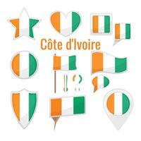 Various Cote d'ivoire flags set on pole, table flag, mark, star badge and different shapes badges. Patriotic cote d'ivoirian sticker vector