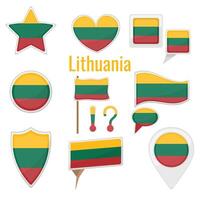 Various Lithuania flags set on pole, table flag, mark, star badge and different shapes badges. Patriotic lithuanian sticker vector