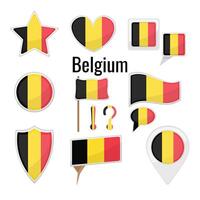 Various Belgium flags set on pole, table flag, mark, star badge and different shapes badges. Patriotic belgiumian sticker vector