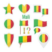 Various Mali flags set on pole, table flag, mark, star badge and different shapes badges. Patriotic malian sticker vector