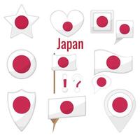 Various Japan flags set on pole, table flag, mark, star badge and different shapes badges. Patriotic japanese sticker vector