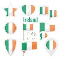 Various Ireland flags set on pole, table flag, mark, star badge and different shapes badges. Patriotic Irelandian sticker vector