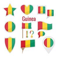 Various Guinea flags set on pole, table flag, mark, star badge and different shapes badges. Patriotic Guineanian sticker vector