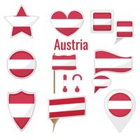 Various Austria flags set on pole, table flag, mark, star badge and different shapes badges. Patriotic Austrian sticker vector