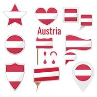 Various Austria flags set on pole, table flag, mark, star badge and different shapes badges. Patriotic Austrian sticker vector