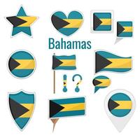 Various Bahamas flags set on pole, table flag, mark, star badge and different shapes badges. Patriotic Bahamnian sticker vector