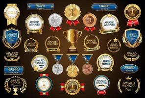 award winner luxury gold badge shield ribbon and laurel retro vintage collection vector