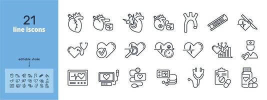 cardiología línea icono colocar. corazón, electrocardiograma, stent, aorta, marcapasos, miocárdico infarto, esfigmomanómetro, holter monitor, ritmo, medicamentos, diagnóstico, bisturí, cirugía ilustración. editable vector