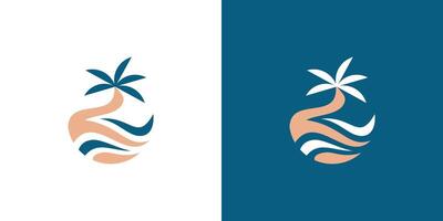 resumen costa playa logo con verano palma árbol y ola en circulo vector