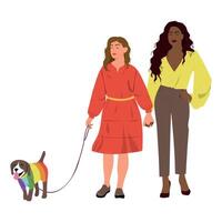 Homosexual female couple holding hands walking with dog. vector