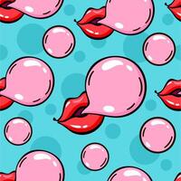 Lips blowing bubble gum seamless pattern. 70s, 80s, 90s vibes funky background. Retro mouth illustration. Vintage nostalgia texture for design and print. Cute print vector