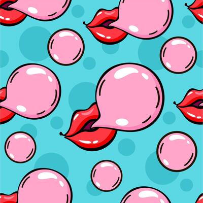 Lips blowing bubble gum seamless pattern. 70s, 80s, 90s vibes funky background. Retro mouth illustration. Vintage nostalgia texture for design and print. Cute print