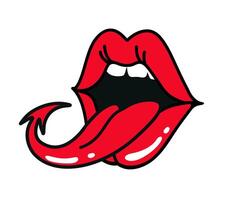 Female mouth with snake tongue logo template mascot. Devil tongue. Kiss of Dracula. Dangerous lips. Vampire mouth. Female mouth with snake tongue vector