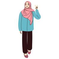 Muslim hijab girl making peace hand illustration. Illustration of scarves women with hand making peace sign. vector