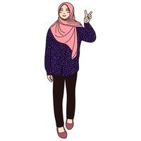 Muslim hijab girl making peace hand illustration. Illustration of scarves women with hand making peace sign. vector