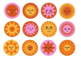 Set of sticker with character geometric sun. Circle shape with emoticon face. vector