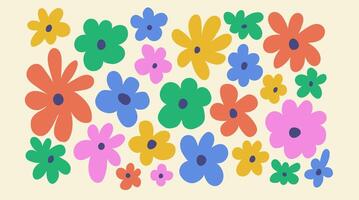 Abstract retro bright botanical background. Set of color flowers in minimalistic style. Flat modern illustration isolated on white. vector