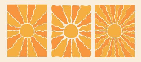 Retro Groovy Sun Background Set. Abstract Wave Ray Pattern in Trendy 70s Style. Boho Colorful Groovy Sun Psychedelic Vintage Background. Graphic Fun Hippie Poster. Abstract Rectangle Wallpaper. vector