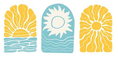 Set of abstract modern sun and seascape. Background with bright sunburst in style 60s, 70s. illustration vector