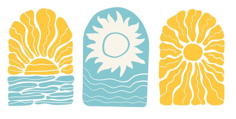 Set of abstract modern sun and seascape. Background with bright sunburst in style 60s, 70s. illustration