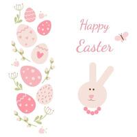 Easter card with hare, eggs, flowers, branches on a white background. Flat style. Ideal for holiday design. . vector