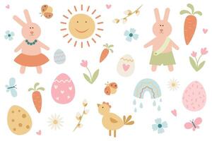Cute Easter set of animals, flowers, leaves, rainbow, sun. Suitable for poster, card, scrapbooking, wallpaper. . vector