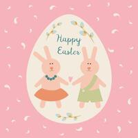 Easter card with rabbits and flowers on a pink background. Flat style Ideal for holiday design. . vector