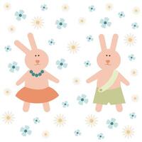 Easter card with hares and flowers on a white background. Flat style Ideal for holiday design. . vector