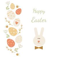 Easter card with bunny, eggs, flowers, branches on a white background. Flat style. Ideal for holiday design. . vector