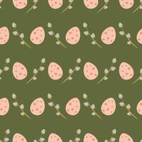 Easter seamless pattern with eggs and willow branches. Suitable for wallpaper, gift paper, web page background, spring greeting cards. . vector