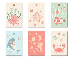 Set of tags with nautical elements. Animal world of the ocean. For decoration of cards, gifts, collages, albums. vector