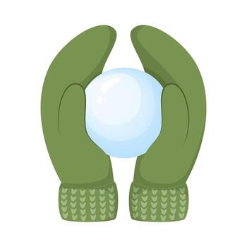 manos en verde mitones sostener un bola de nieve. ilustración en un blanco antecedentes. vector