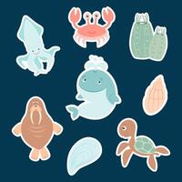 A set of stickers of the inhabitants of the seas and oceans. Whale, squid, shell, crab, walrus, turtle vector