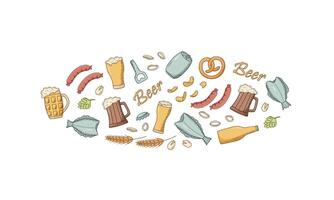 Beer doodle icons set. illustration of Pub elements beer and snacks. Drawing Oktoberfest or bar. vector
