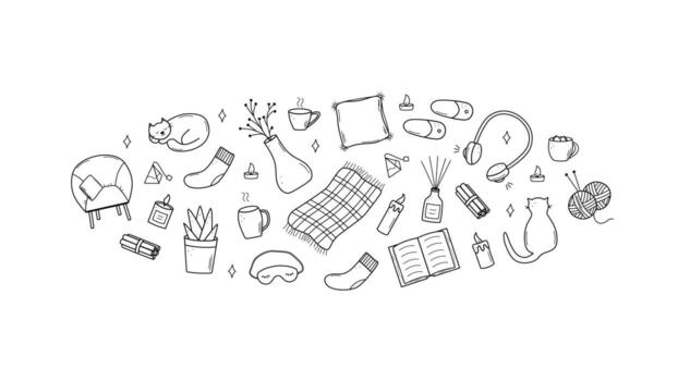 acogedor hogar conjunto de garabatear dibujos animados iconos ilustración elementos de hogar accesorios, comodidad y todos los días vida. vector