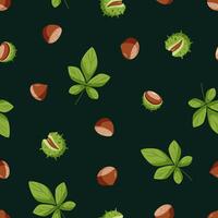 Seamless Pattern Chestnut set illustration. Background wallpaper Cartoon drawing of chestnut nuts in a shell and leaves. vector